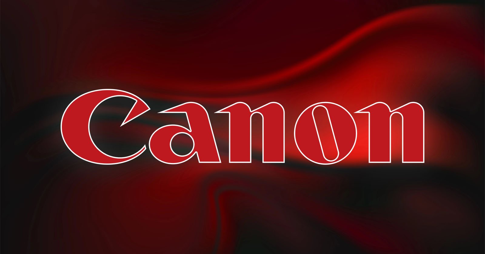 The image displays the Canon logo, featuring the word Canon in red letters with a white outline against a dark red and black gradient background. The letter o is stylized as a camera lens.