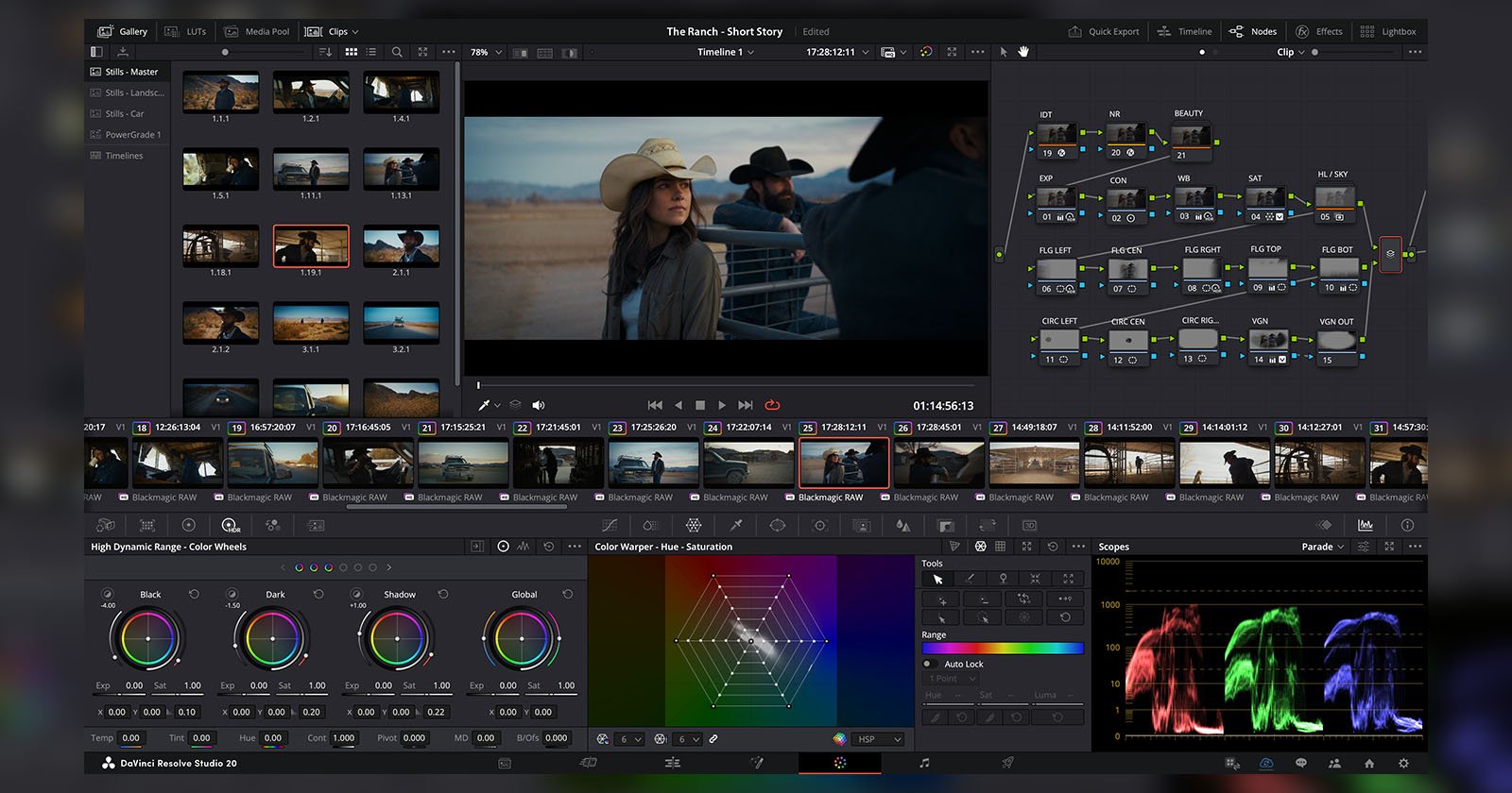 Screenshot of a video editing software interface with multiple windows. The main preview shows a woman in a cowboy hat outdoors. Below are timeline thumbnails, and color grading panels with curves, vectorscope, and correction wheels on the sides.