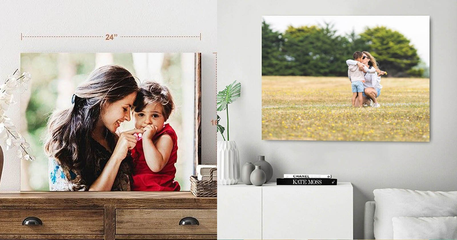 A cozy living room features a large photo print of a smiling woman holding a child on a wooden console, and another canvas of two children hugging in a field on the wall. Decorative books and plants add to the inviting atmosphere.