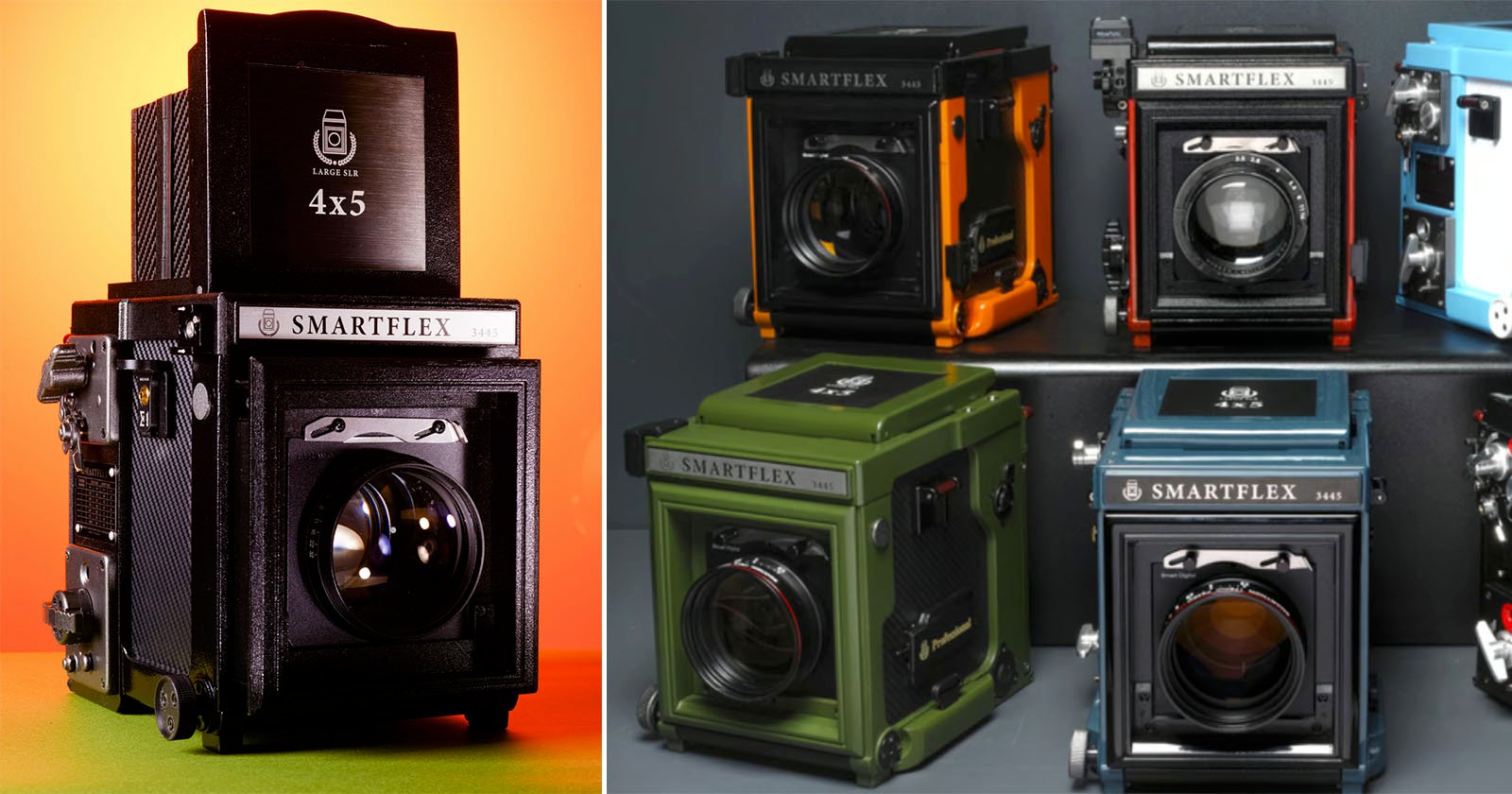 Split image: Left shows a black large-format camera with Smartflex branding and 4x5 on the lens. Right displays five colorful Smartflex cameras in orange, black, green, blue, and gray on shelves.