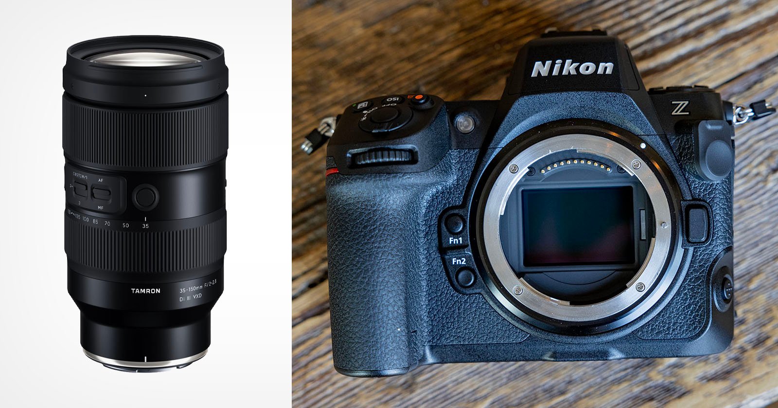 A Tamron 70-180mm camera lens is shown on the left, and a Nikon Z-series mirrorless camera body without a lens is on the right, both against neutral backgrounds.