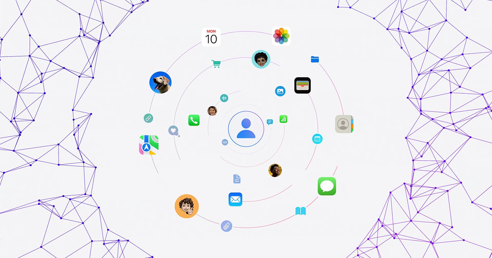 A graphic shows a central user icon surrounded by various app icons in concentric circles, including social media, messaging, calendar, maps, health, photos, email, and shopping. The background features a network of interconnected purple lines and nodes.
