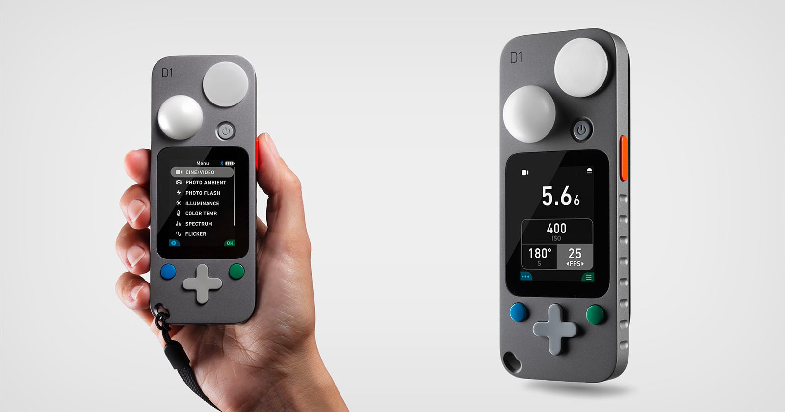 A hand holding a grey, handheld electronic device with a small screen and several buttons. The screen displays various options and settings. A similar device is shown next to it displaying a number and other data. Both devices have a modern, sleek design.