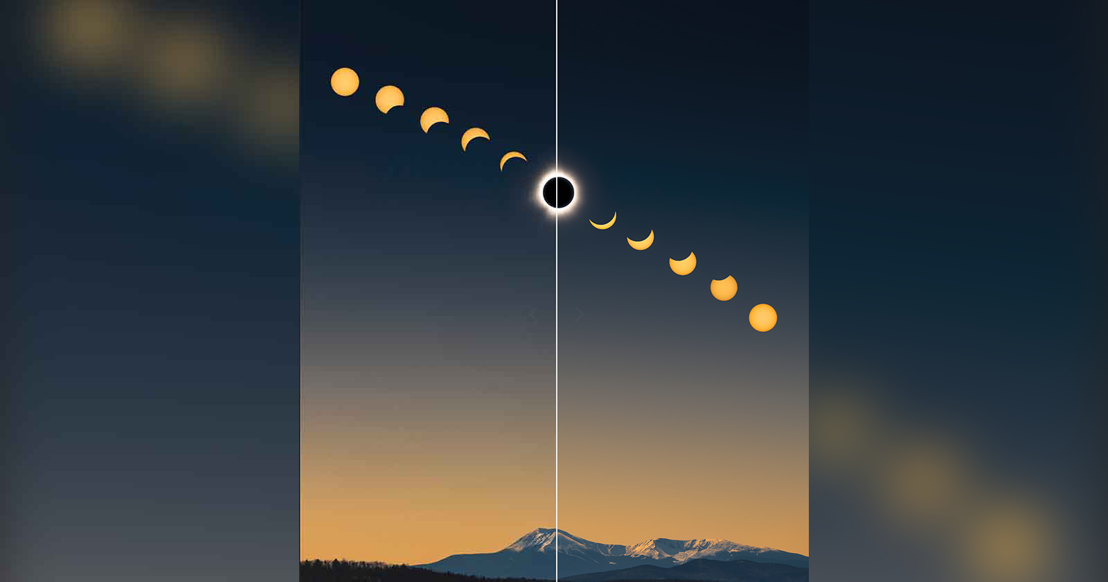 A sequence showing the phases of a solar eclipse against a twilight sky. The progression moves from crescent-shaped phases to totality at the center. Snow-capped mountains are visible at the bottom against the horizon.