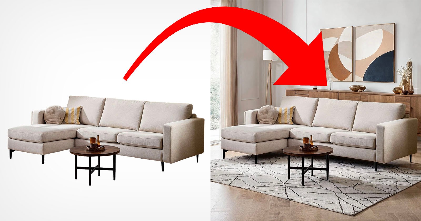 The image shows a beige sectional sofa with a coffee table in front of it. The left side displays the furniture on a blank white background, while the right side places the same setup in a living room, complete with wall art, a rug, and a wooden console. A large red arrow points from the sofa on the left to the living room on the right.