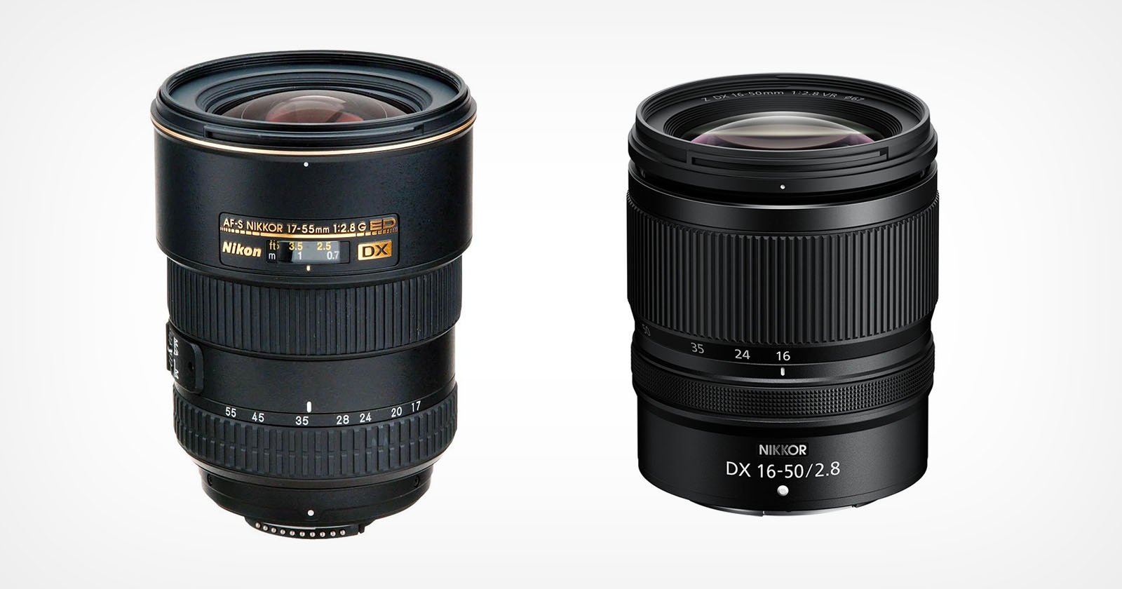 Two Nikon camera lenses are standing upright side by side against a white background. The left lens is marked AF-S DX NIKKOR 12-24mm, and the right lens is marked NIKKOR DX 16-50mm.