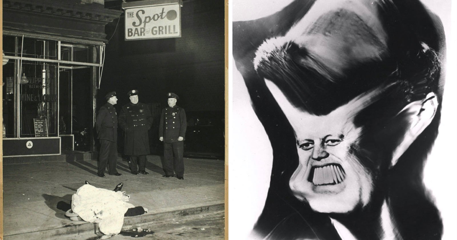 Left side: Two officers and a man stand near a body outside a bar with a Spoto Bar & Grill sign. Right side: Distorted abstract image resembling a person's face with exaggerated features.