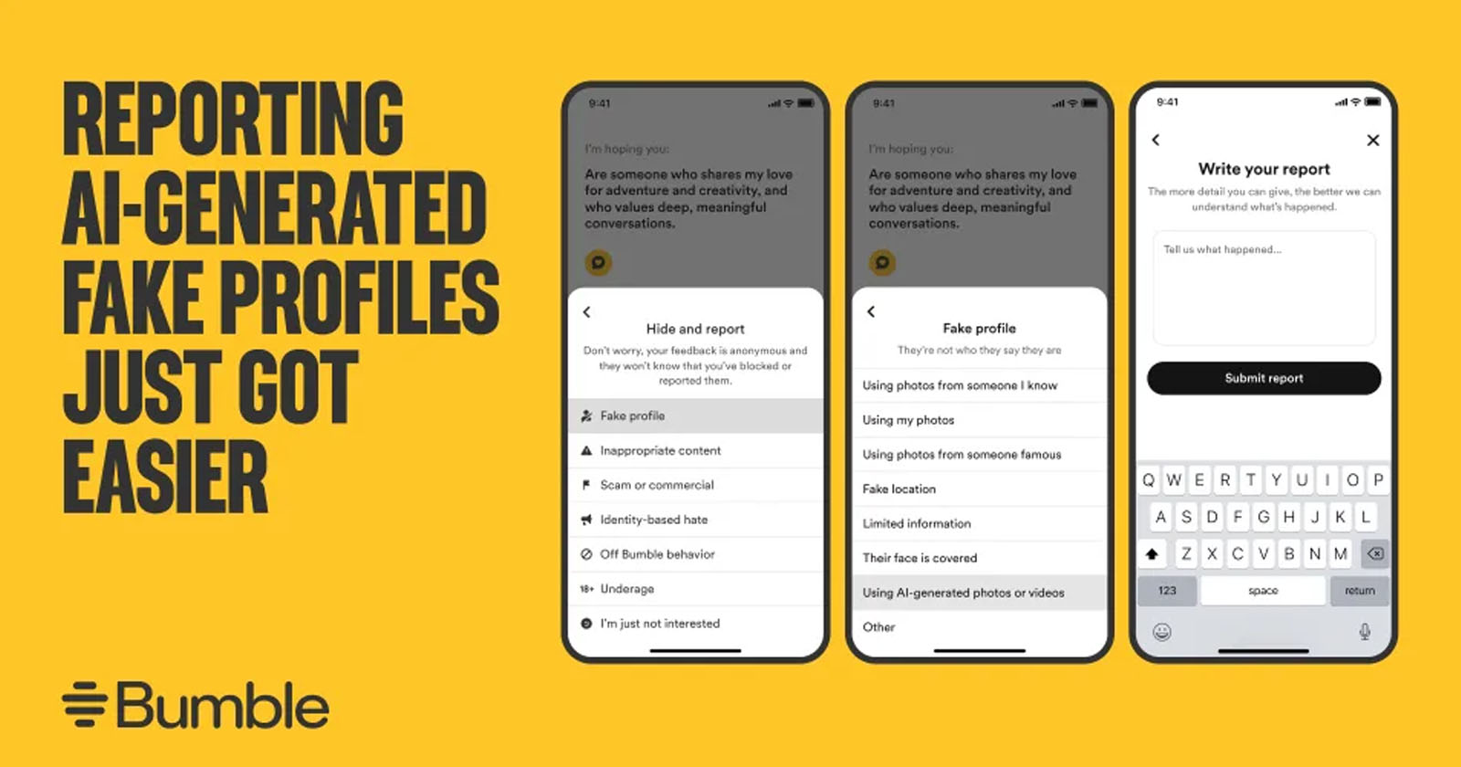 The image shows three smartphone screens displaying Bumble's reporting feature for AI-generated fake profiles. Text on the left reads, Reporting AI-generated fake profiles just got easier. The Bumble logo is at the bottom left corner against a yellow background.