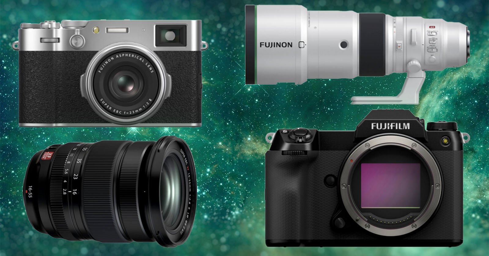 A collage showing a Fujifilm rangefinder camera, a zoom lens with Fujinon labeled, a wide-angle lens with an XF label, and a Fujifilm mirrorless camera body on a space-themed background.