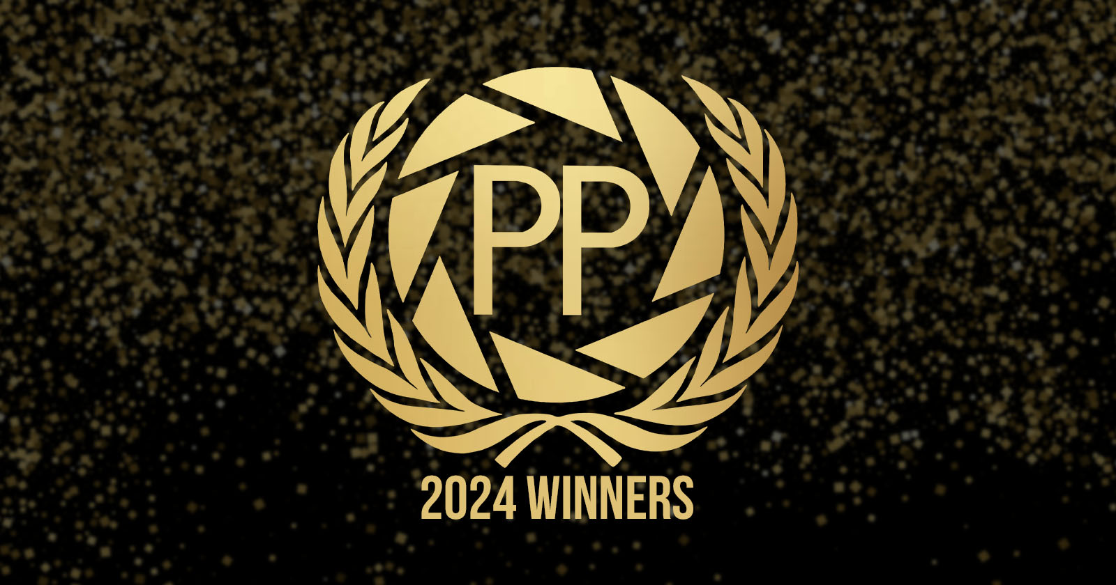 Gold laurel wreath with PP in the center on a glittery black background. Below, the text reads 2024 Winners.