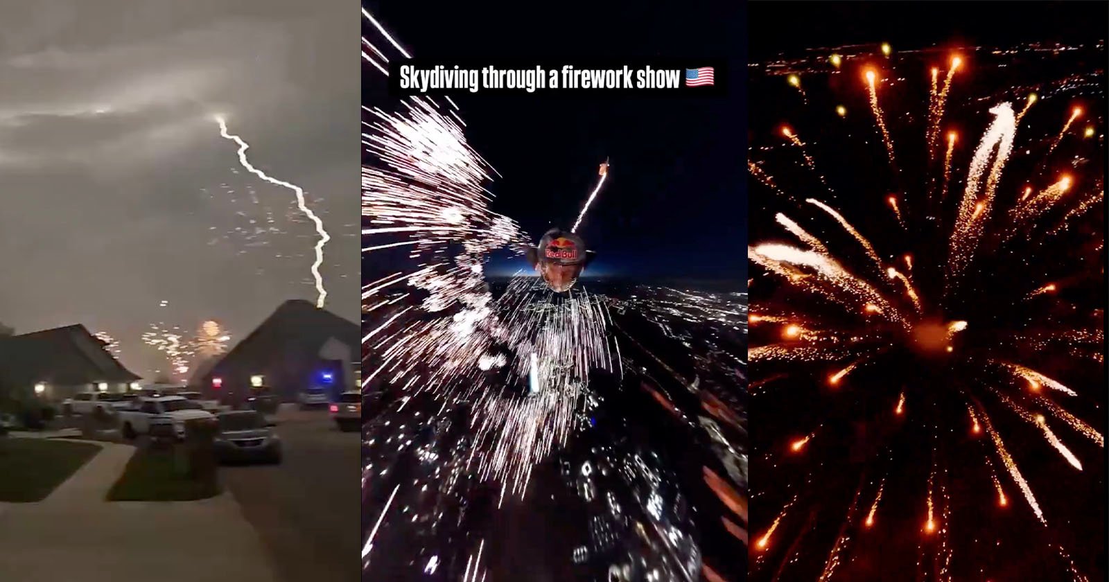 A collage of three photos: a lightning bolt above houses, a skydiver with fireworks in the sky and the text Skydiving through a firework show with a U.S. flag, and a close-up of fireworks exploding at night.