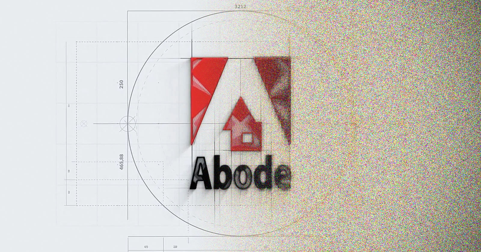 The image features the logo of Abode, depicting a stylized red and white house icon above the word Abode. The background shows technical drawing elements, such as grid lines, measurements, and geometric shapes, giving it an architectural design feel.