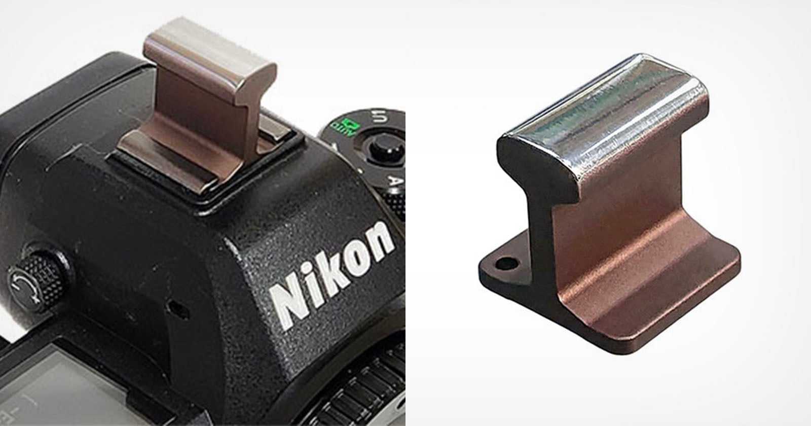 A metal accessory shaped like a miniature railroad rail, shown installed on the hot shoe of a Nikon camera on the left, and separately on the right against a white background.