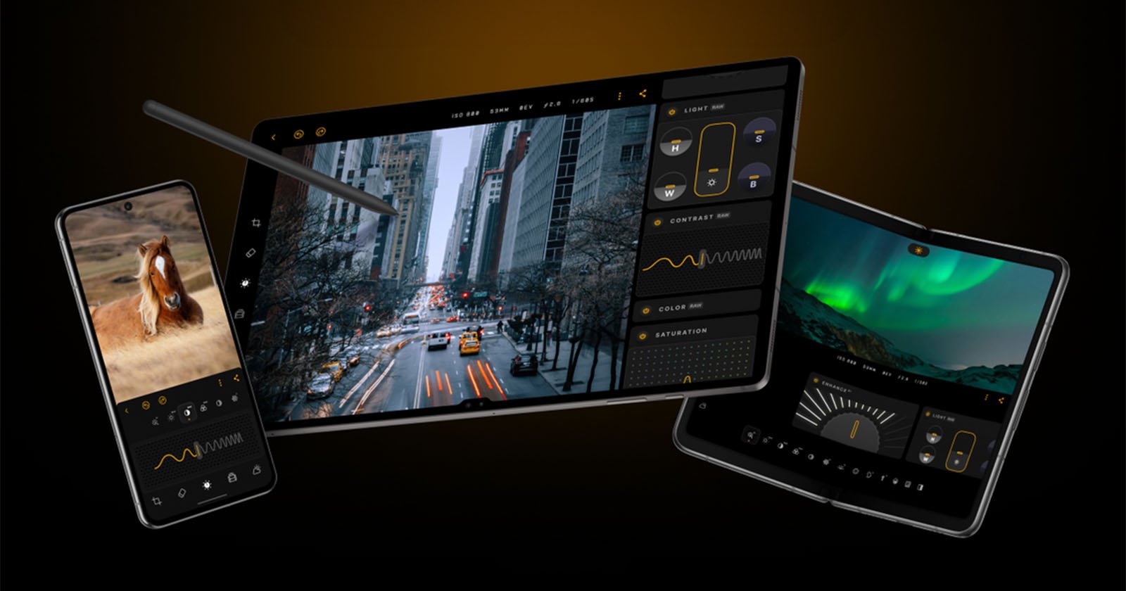 Three mobile devices display photo editing apps: a smartphone with a horse photo, a tablet with a city street image and editing controls, and a foldable phone showing a landscape with aurora borealis and editing tools.