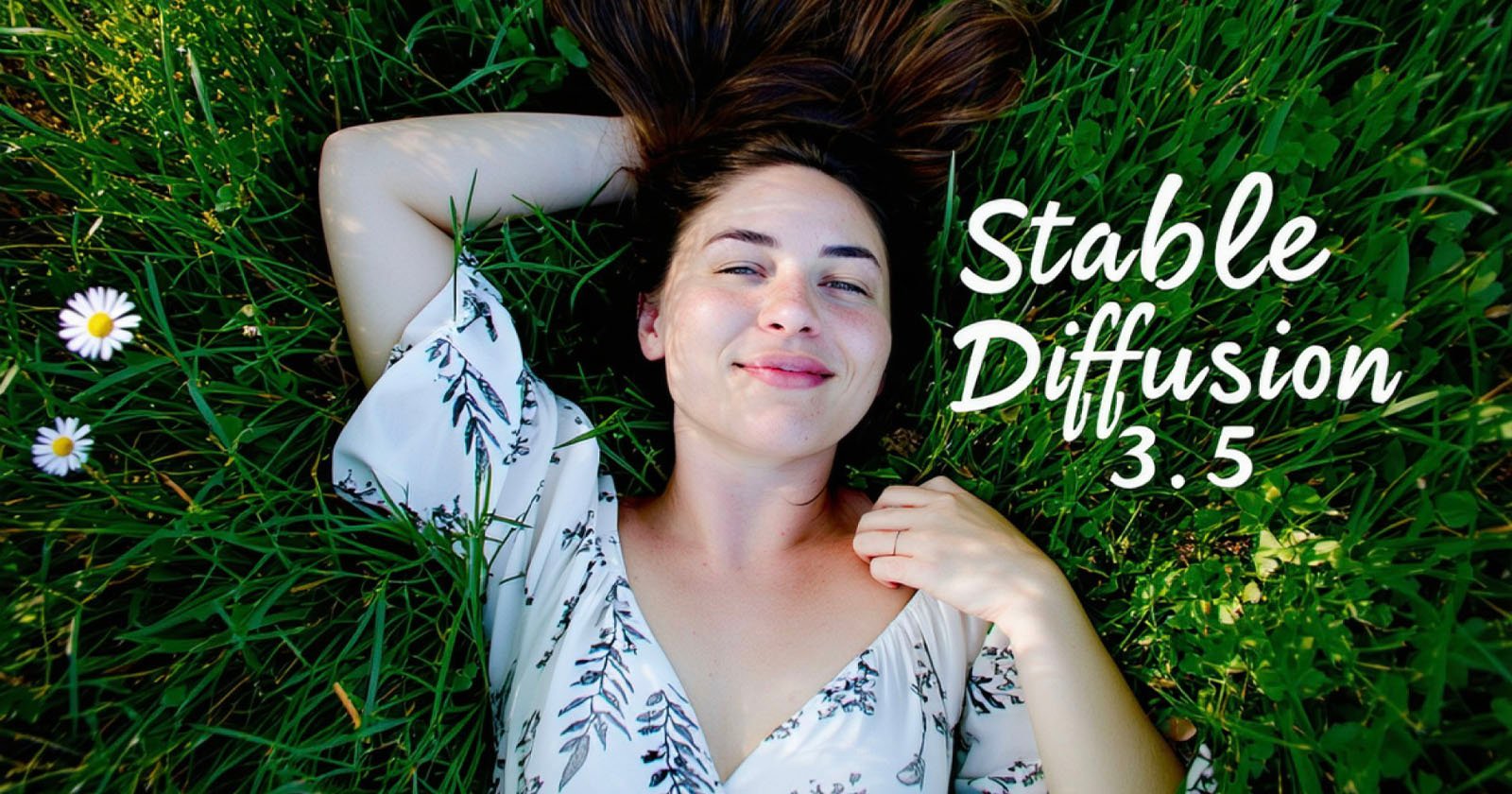 A person with long hair lies on green grass, wearing a patterned top. They are smiling and holding their neck with one hand. Two daisies are on the grass nearby. The text Stable Diffusion 3.5 is written beside them.