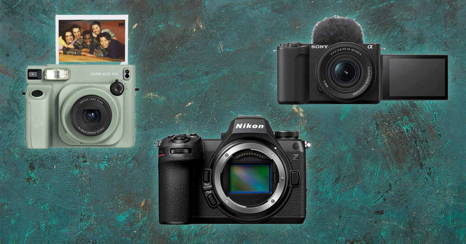 A collage with three cameras: a mint green Fujifilm instant camera, a Sony digital camera with a flip screen and microphone, and a Nikon Z series mirrorless camera with no lens, set against a textured green background.