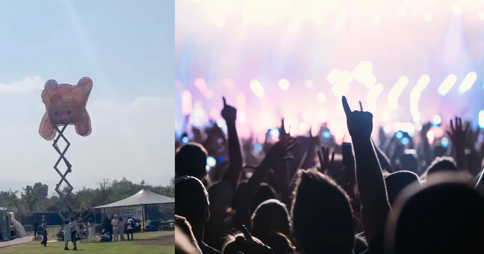 On the left, a large inflatable bear atop a lift next to a tent. On the right, a crowd at a concert with raised hands and bright stage lights in the background.