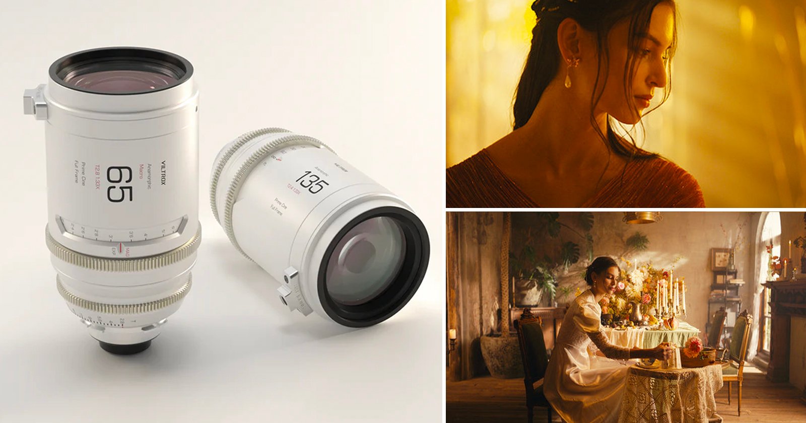 Two white camera lenses are displayed on the left, labeled 65 and 135. On the right, two images show a woman in warm, golden light: a close-up and a scene of her sitting at a decorated table.