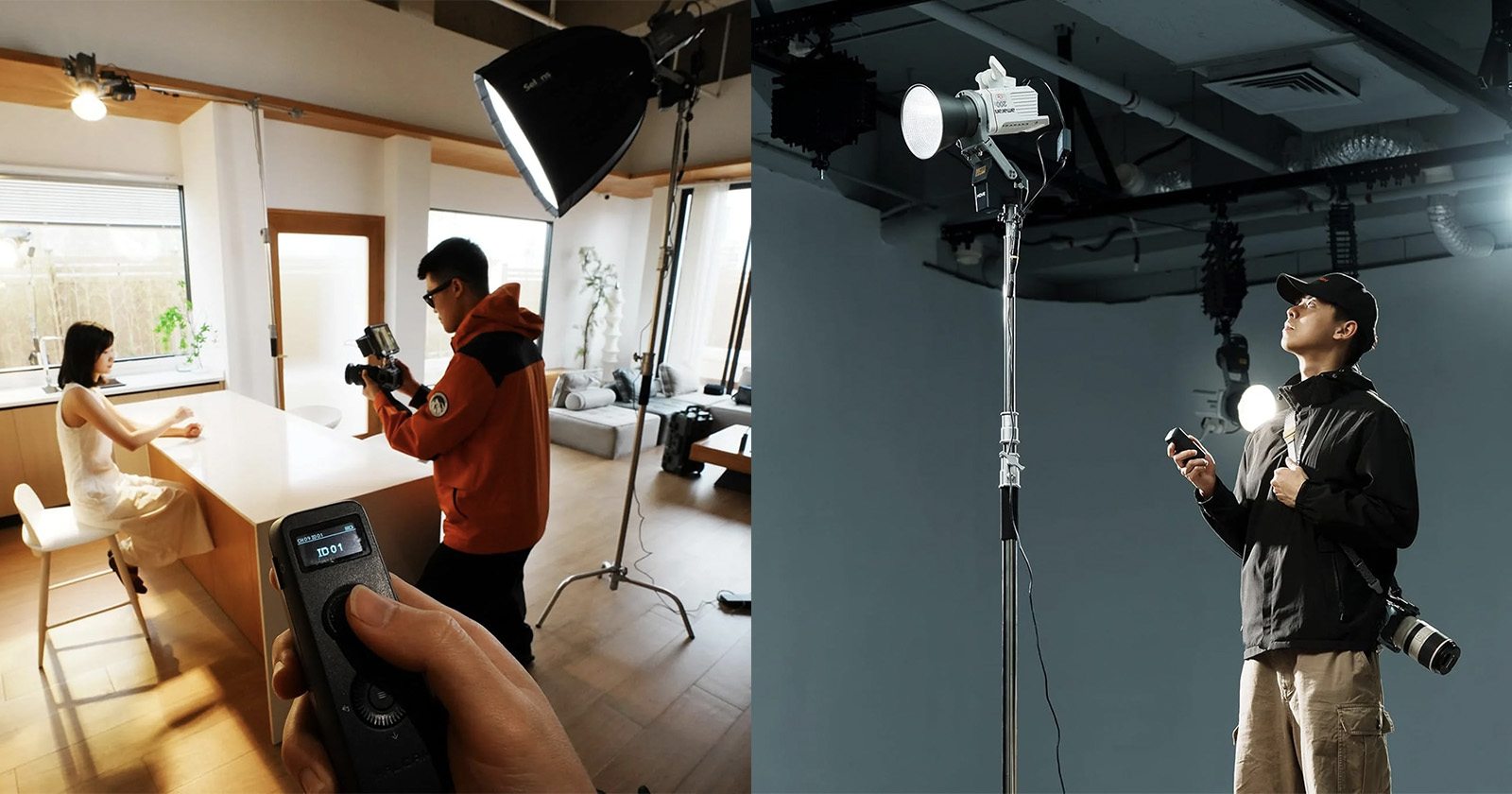 Two separate scenes: on the left, a photographer in a red jacket captures a woman sitting at a table in a well-lit room; on the right, a man in a black jacket adjusts lighting equipment in a studio with a blue wall.