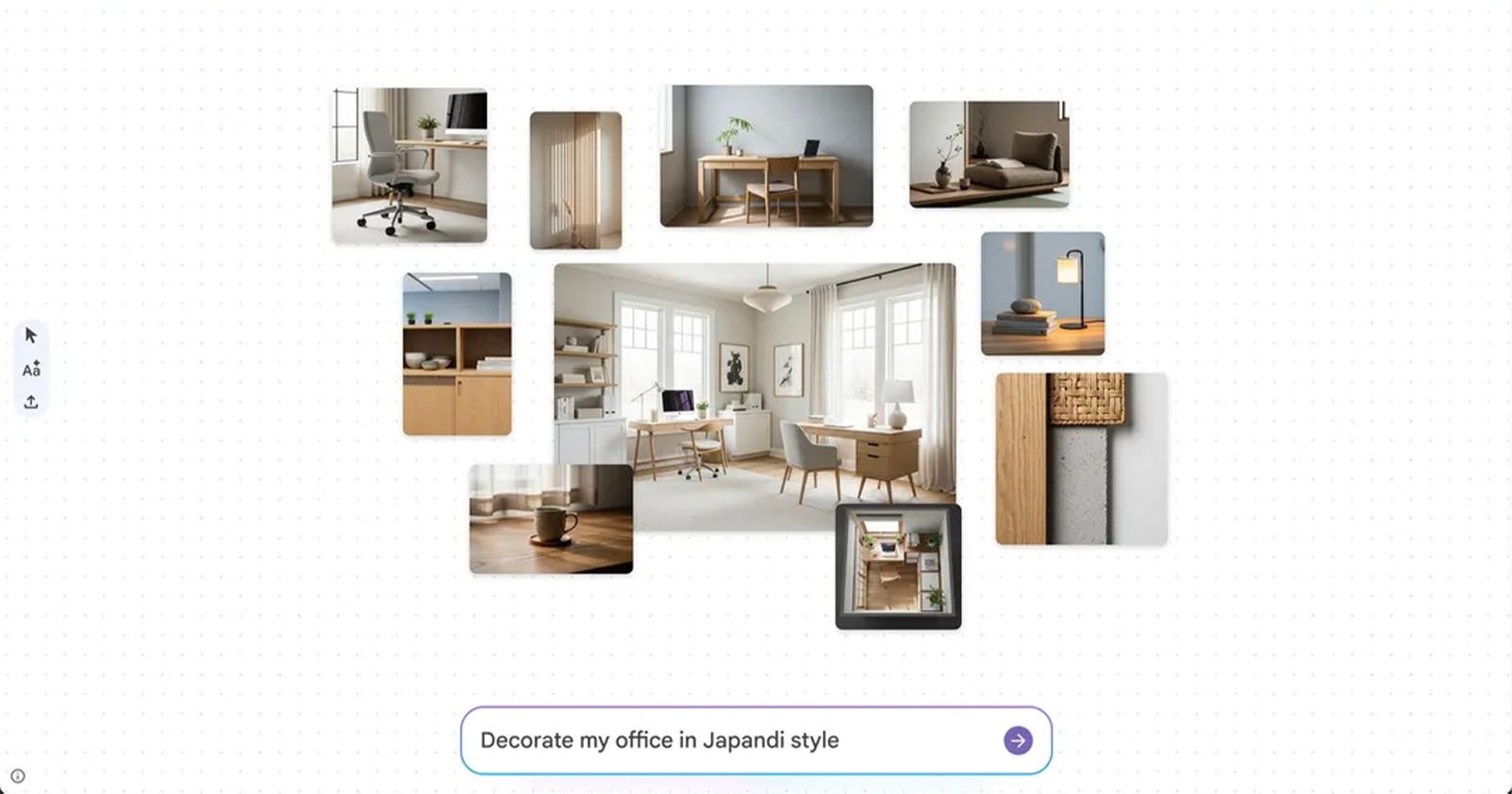 A collage of minimalist office interiors and décor in neutral tones, featuring wooden furniture, plants, soft lighting, and natural textures, arranged in a modern Japandi style. The text below reads, Decorate my office in Japandi style.