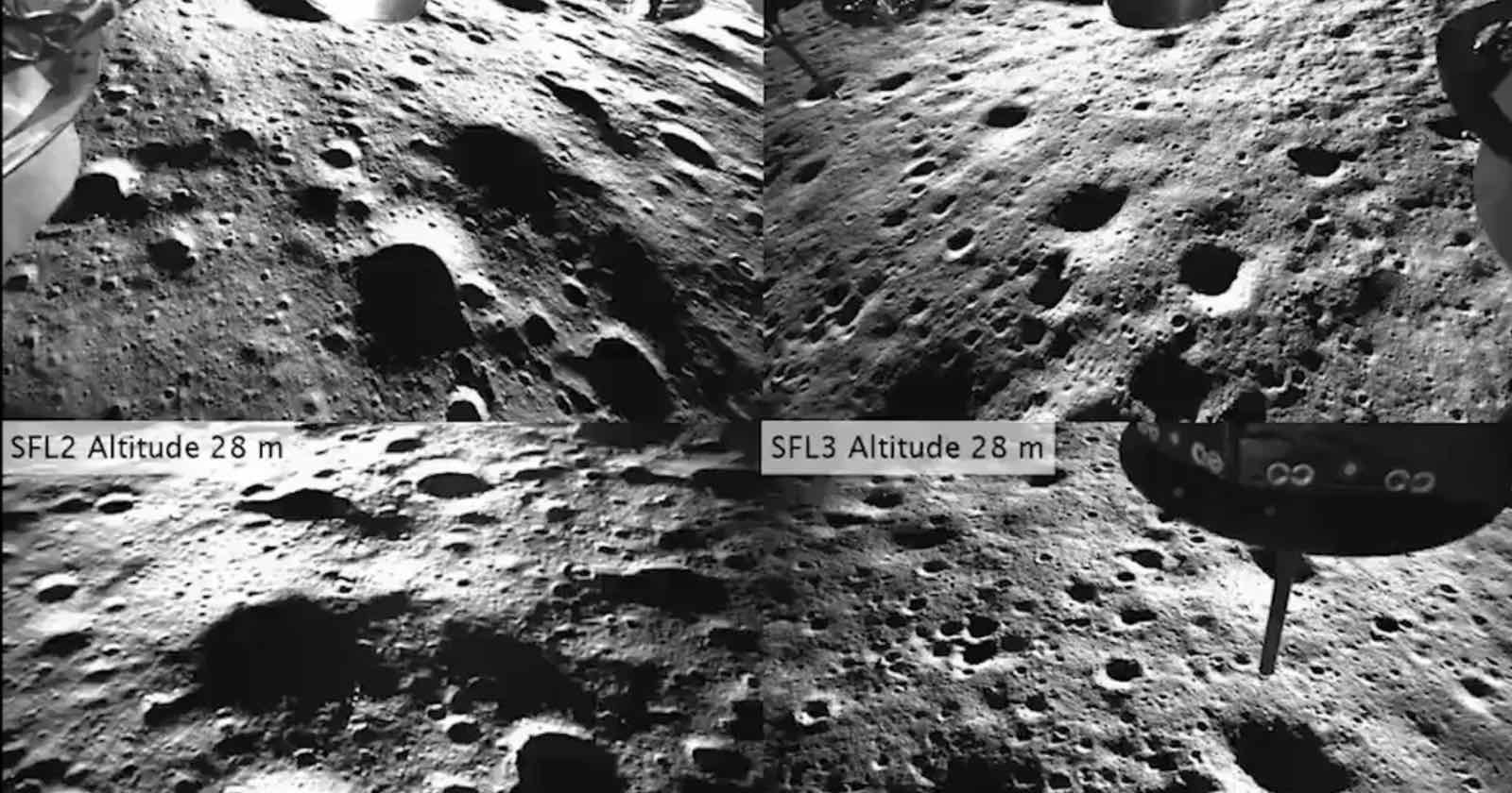 Monochrome image showing the lunar surface with craters. Two labeled sections indicate altitude: SFL2 Altitude 28 m and SFL3 Altitude 28 m. A spacecraft leg is visible in the bottom right corner.