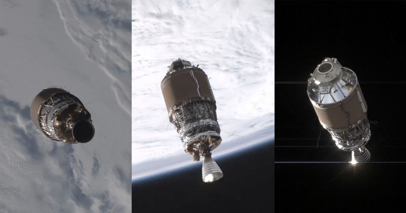Three stages of a spacecraft orbiting Earth: The left image shows an upper stage with a fairing in space. The middle image displays the same stage with its engine exposed against a backdrop of Earth. The right image shows the engine illuminating as it moves in space.