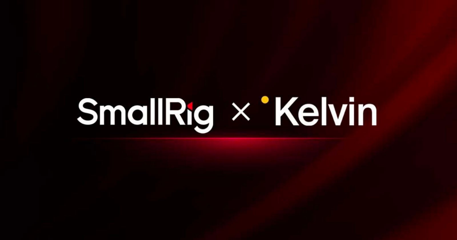White text on a dark red and black background reads SmallRig × Kelvin, with a yellow dot above the i in Kelvin. The design is simple and modern.