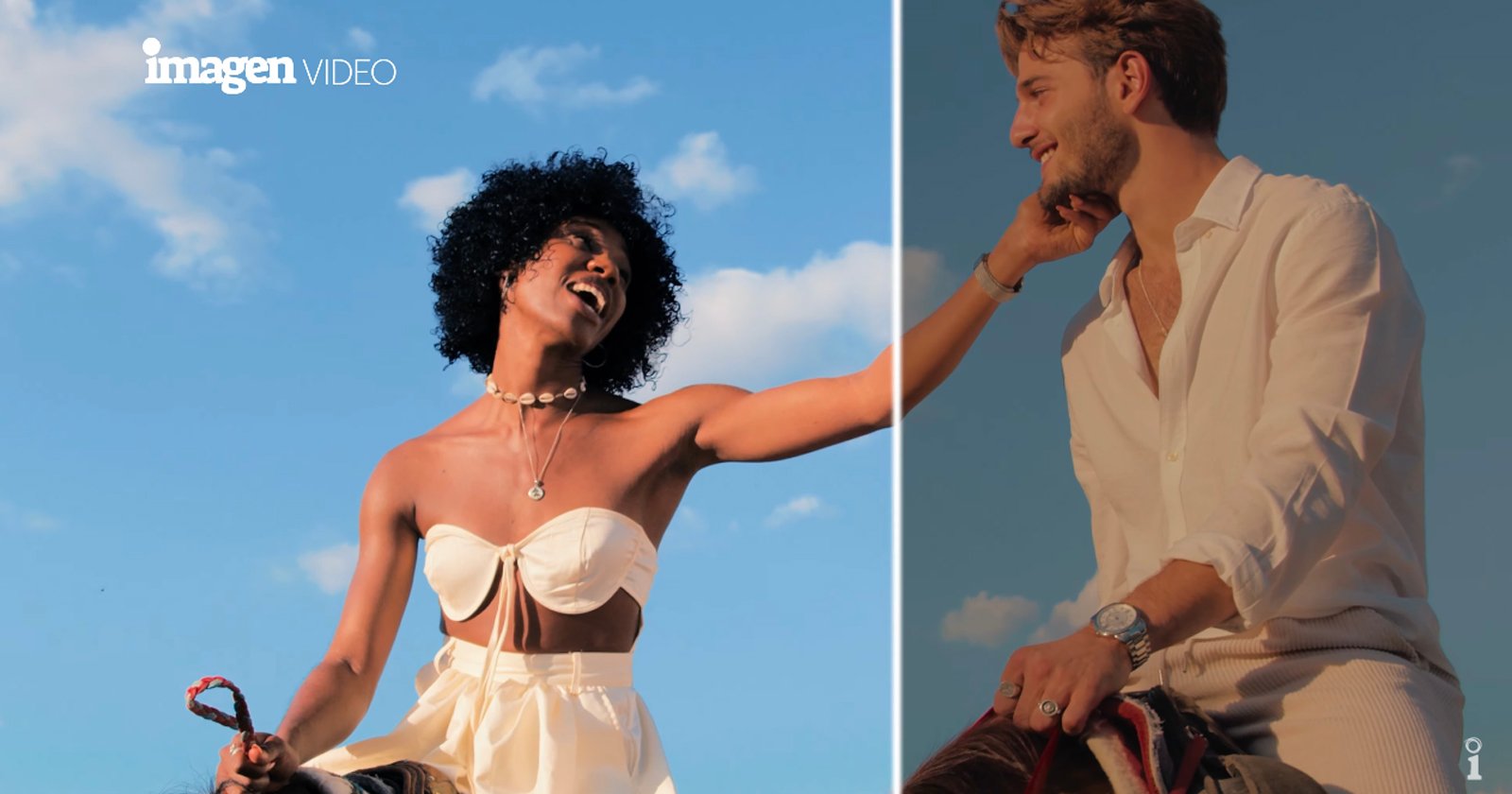 A smiling woman and man, both dressed in light-colored summer clothes, sit outdoors on a sunny day with blue skies and clouds, looking at each other affectionately. The image is split down the middle.