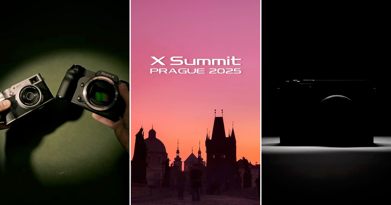 Three-panel image: Left shows hands holding two cameras; center displays a silhouette of Prague's skyline at sunset with X Summit Prague 2025 text; right shows a shadowed camera on a dark background.