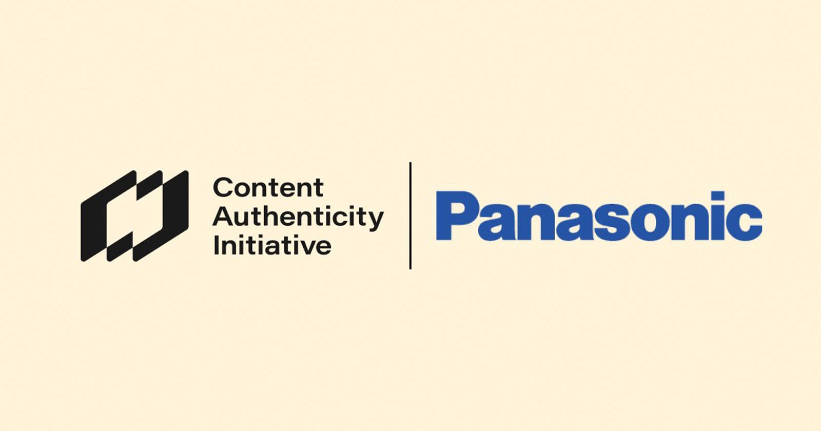 Logos of Content Authenticity Initiative and Panasonic are displayed side by side on a beige background.