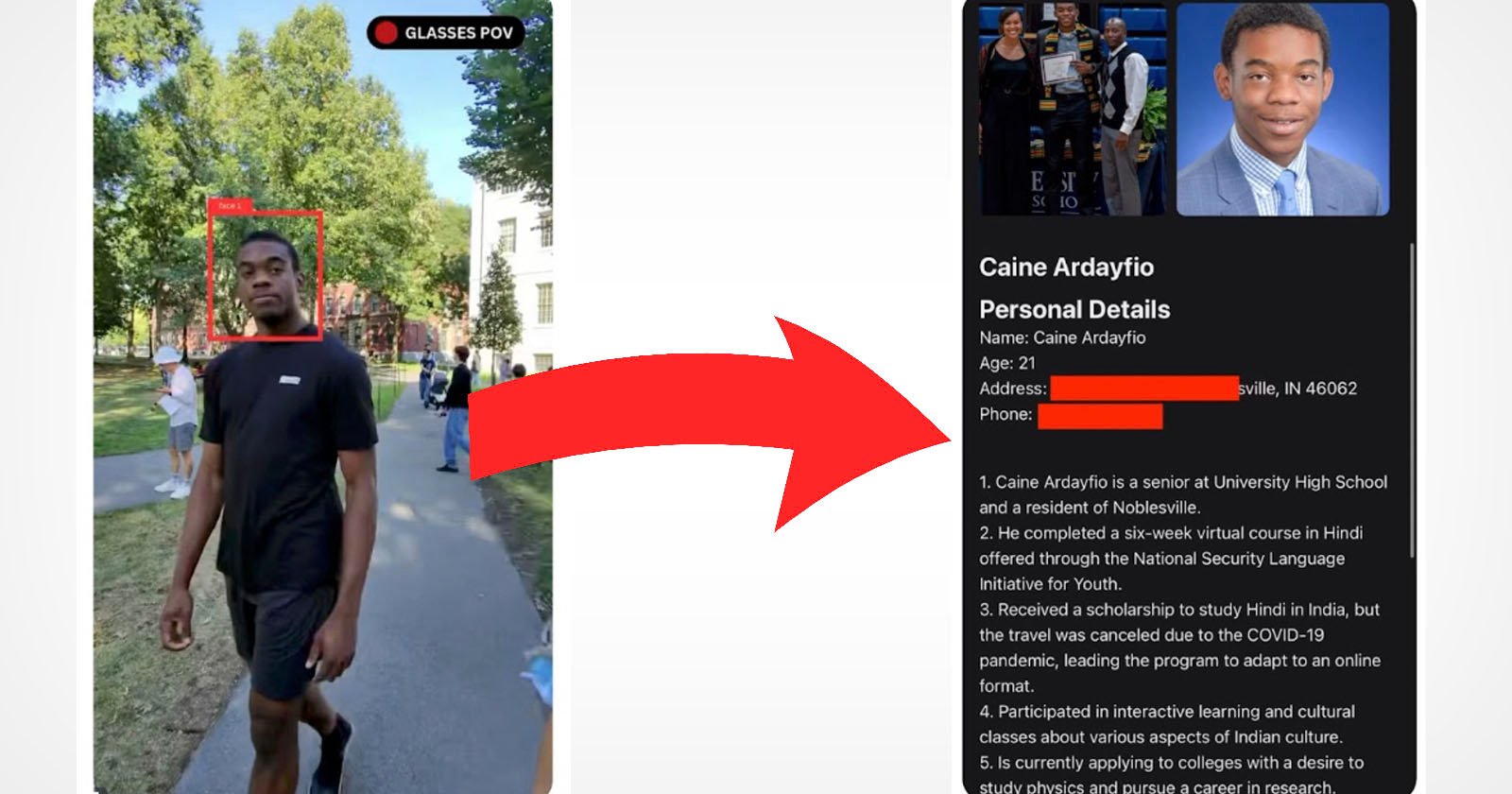 A young man walks outdoors on a sunny day, framed by a red box labeled Glasses POV. An arrow points to a black information card with text about Caine Ardaryfio, a high school senior, detailing his achievements and interests.