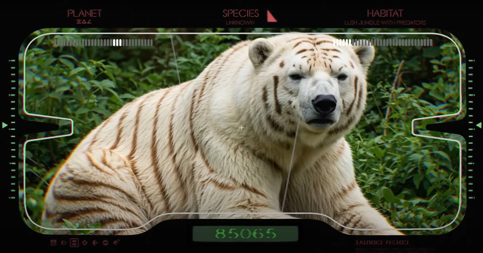 A large animal with the body of a polar bear and the stripes of a tiger lies on grass. The image appears through a futuristic digital display showing details like planet, species, and habitat.