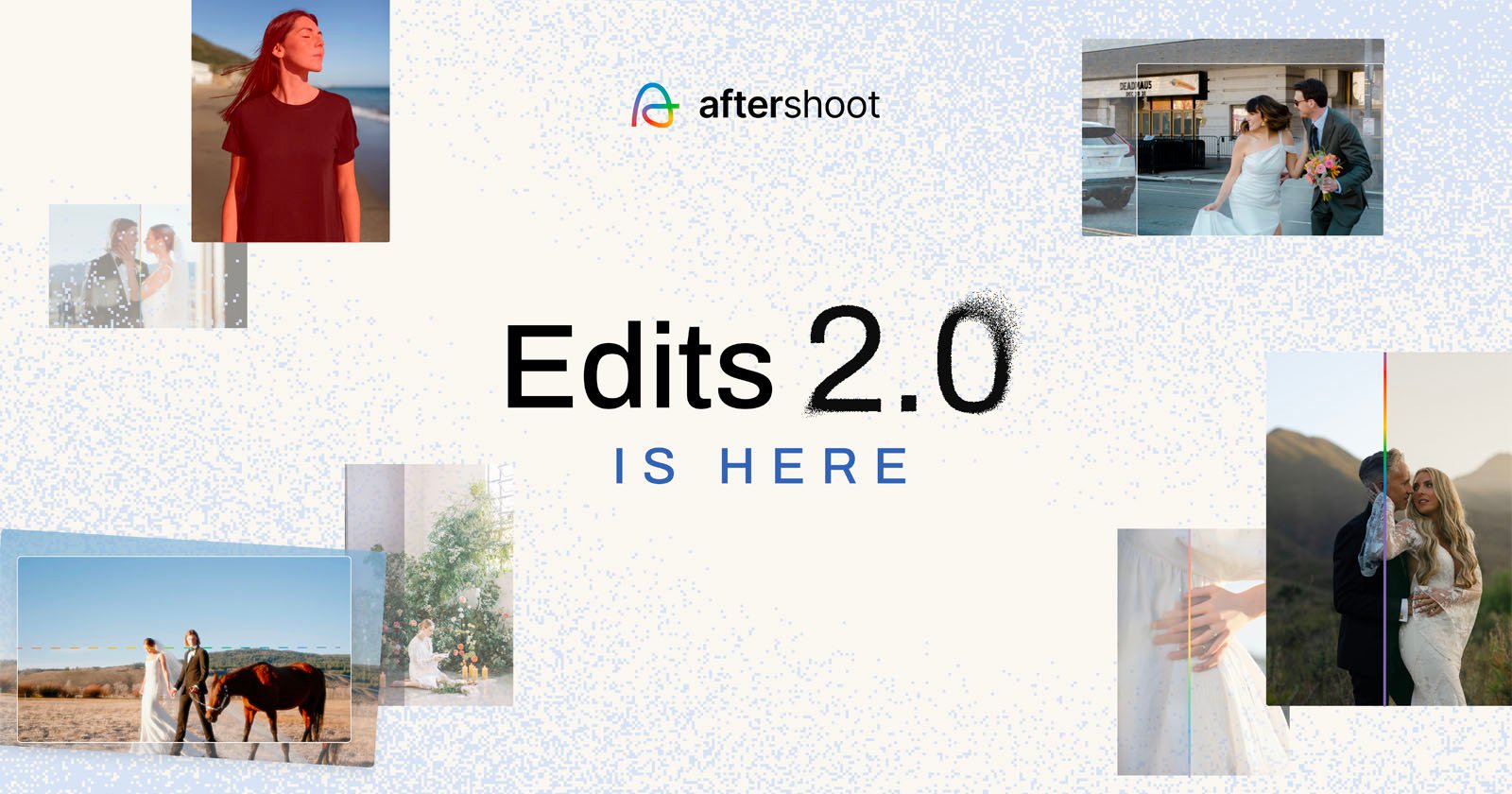 Promotional image for Aftershoot's Edits 2.0, featuring a central text that reads Edits 2.0 IS HERE with the Aftershoot logo above. Surrounding the text are various small photos of couples in wedding attire and scenic outdoor landscapes.