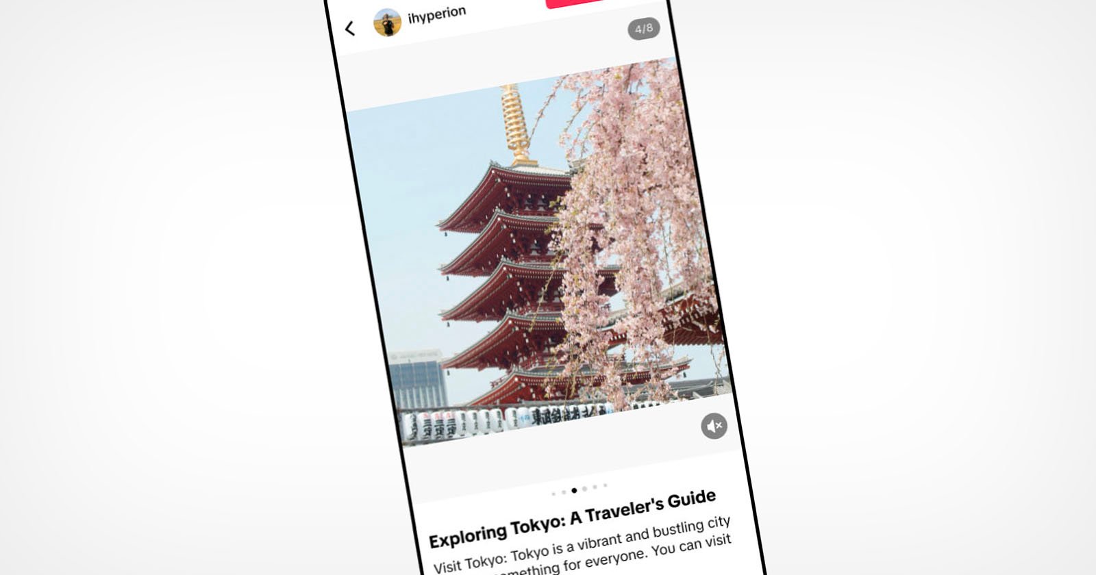 Mobile screen displaying a vertical image of a traditional multi-tiered pagoda with sakura (cherry blossoms) in the foreground. Below, text reads: Exploring Tokyo: A Traveler's Guide.