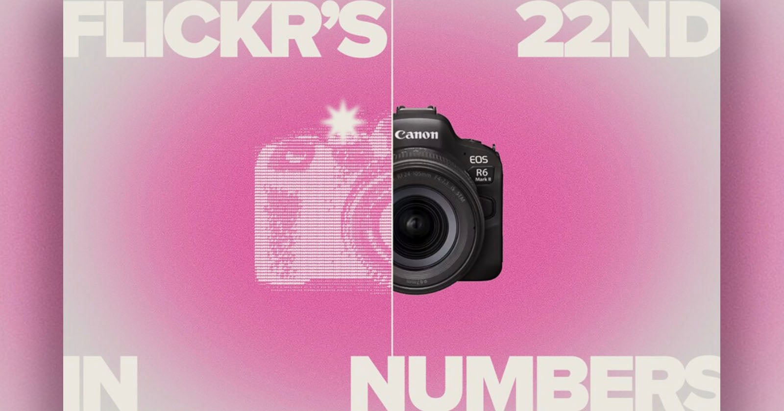 Split image on a pink background: left half shows a pixelated camera icon, right half shows a Canon EOS R6 camera. Large white text reads FLICKR'S 22ND IN NUMBERS across the image.