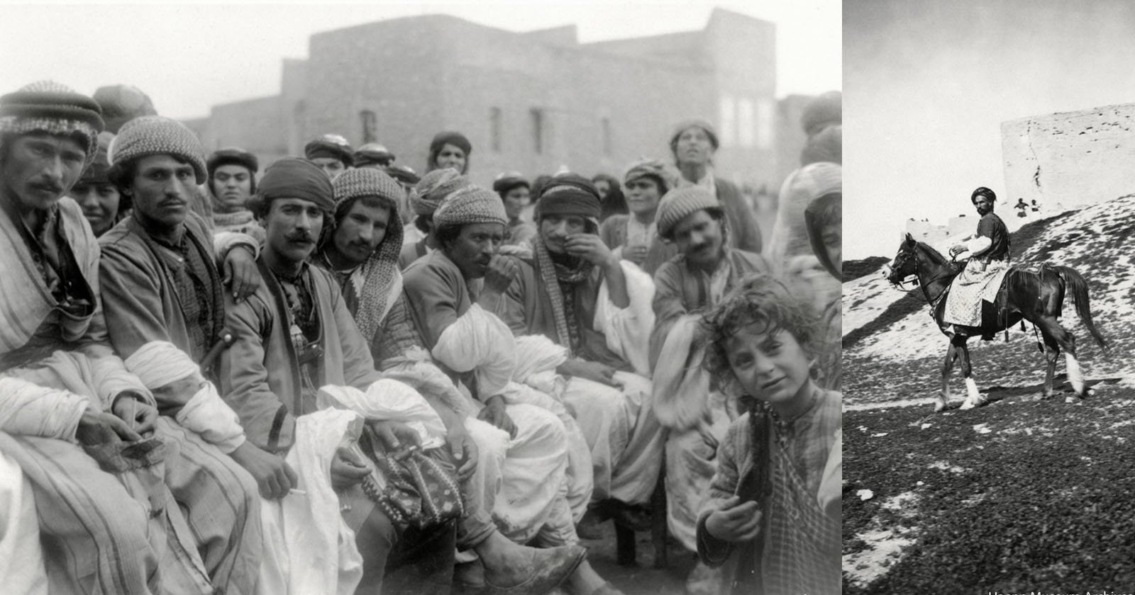 A group of men in traditional Middle Eastern clothing sit together outdoors, some looking at the camera; beside them, a man in similar attire rides a horse near a building on a hillside.