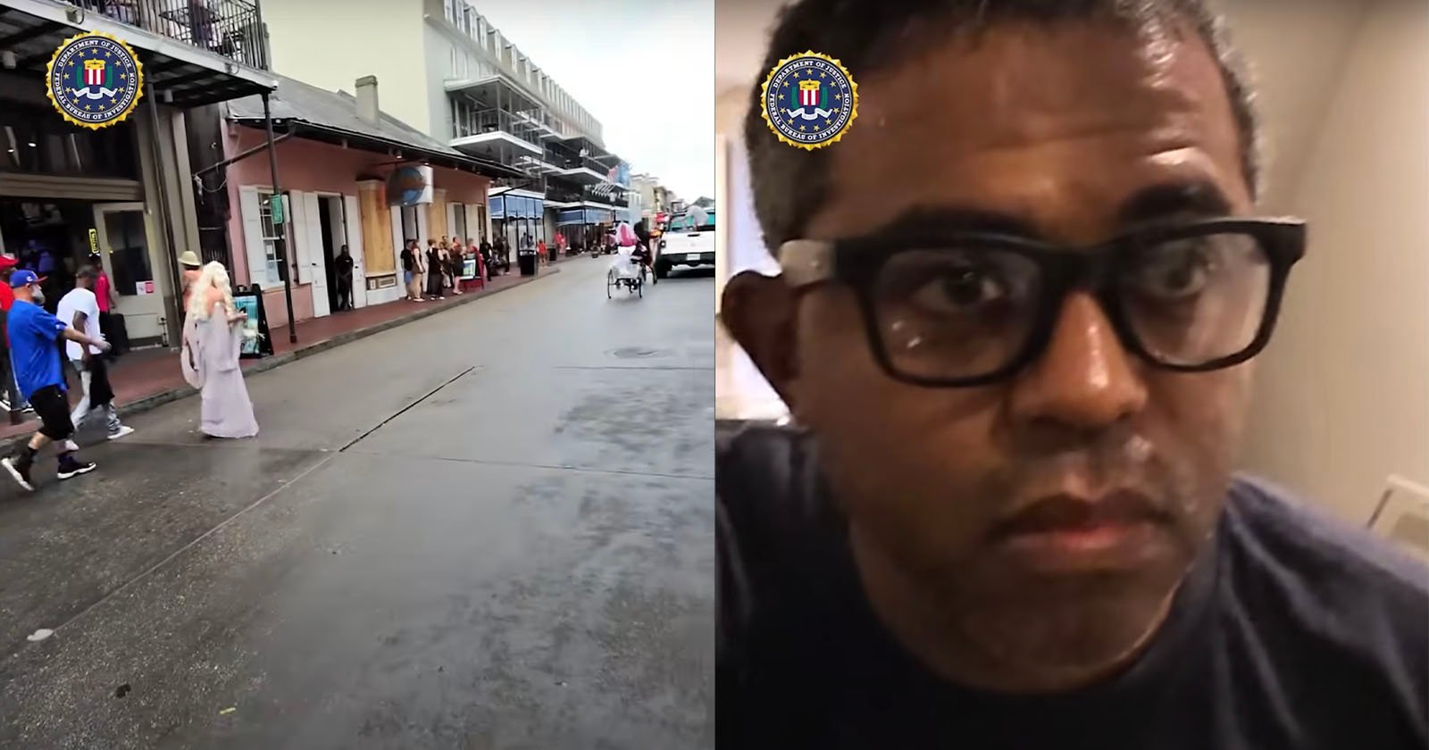 Split image: Left side shows a wet street with pedestrians and a dog under a cloudy sky. Right side features a close-up of a man with glasses indoors. Both images have an FBI logo in the top corners.