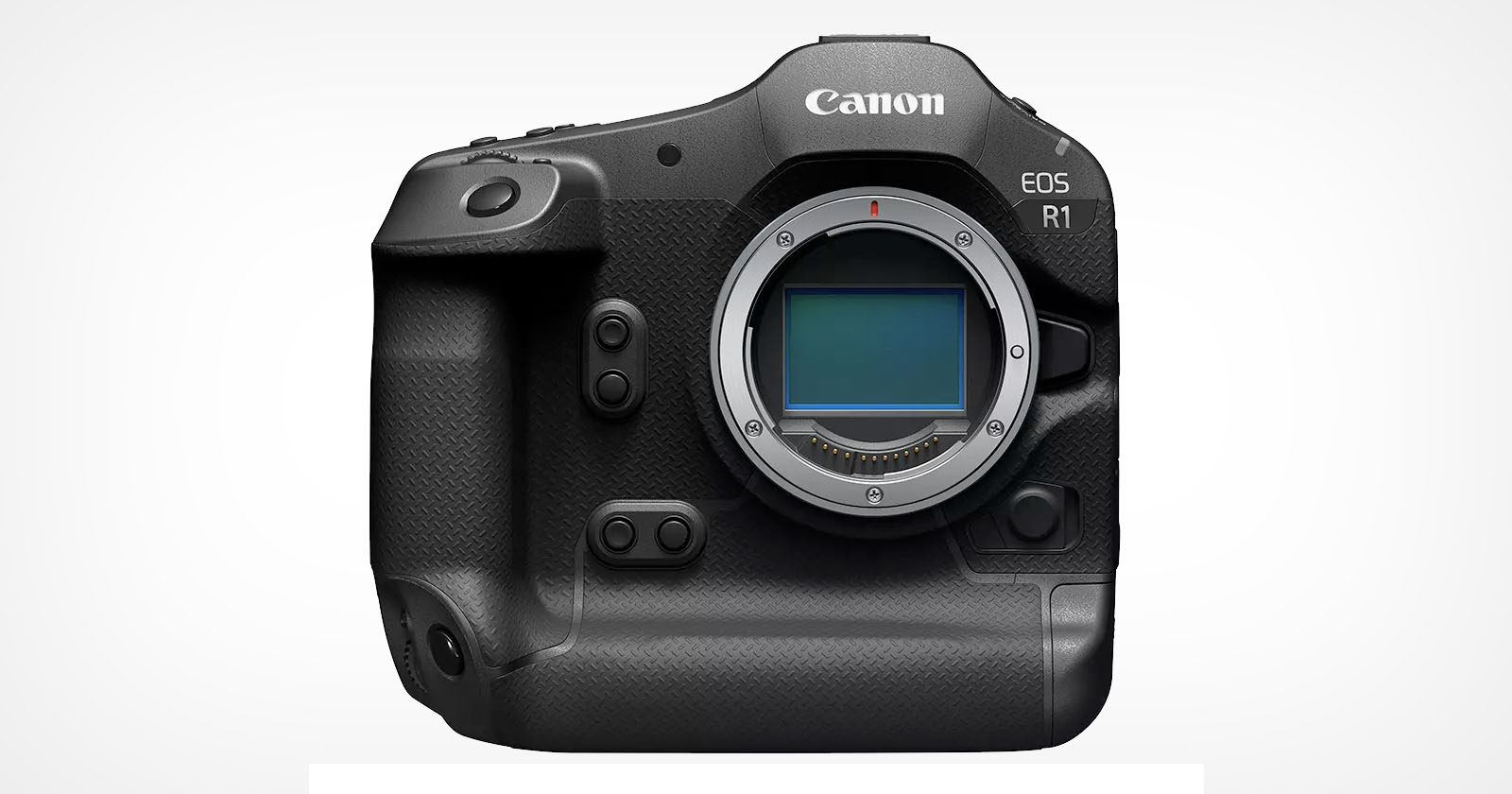 A high-resolution image of the Canon EOS R1 camera, showcasing its black body with the lens mount exposed. The camera features a textured grip, various buttons, and dials. The Canon logo and EOS R1 are visible on the top right front of the camera. The background is white.