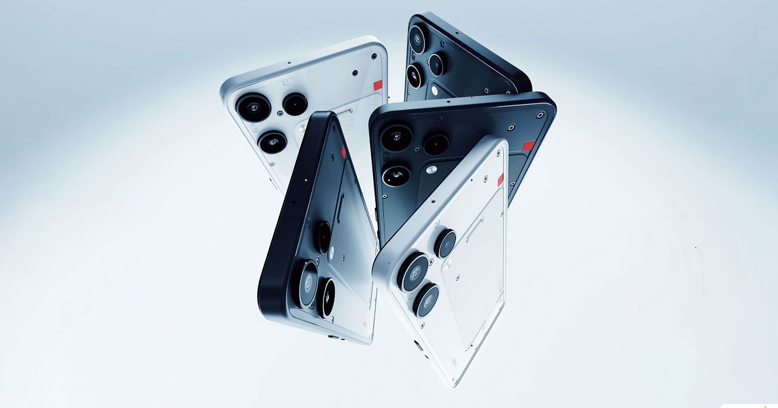 Five modern smartphones with prominent camera lenses and transparent backs are floating in the air against a light background, showcasing their sleek, futuristic designs.