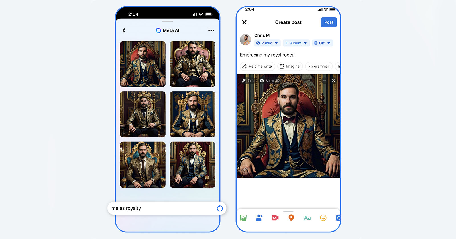 A smartphone screen displays a social media post creation interface. The post shows a photo of a man dressed in royal attire, sitting on a throne. Thumbnails of similar regal photos are in a collage on the left, with the text me as royalty at the bottom.