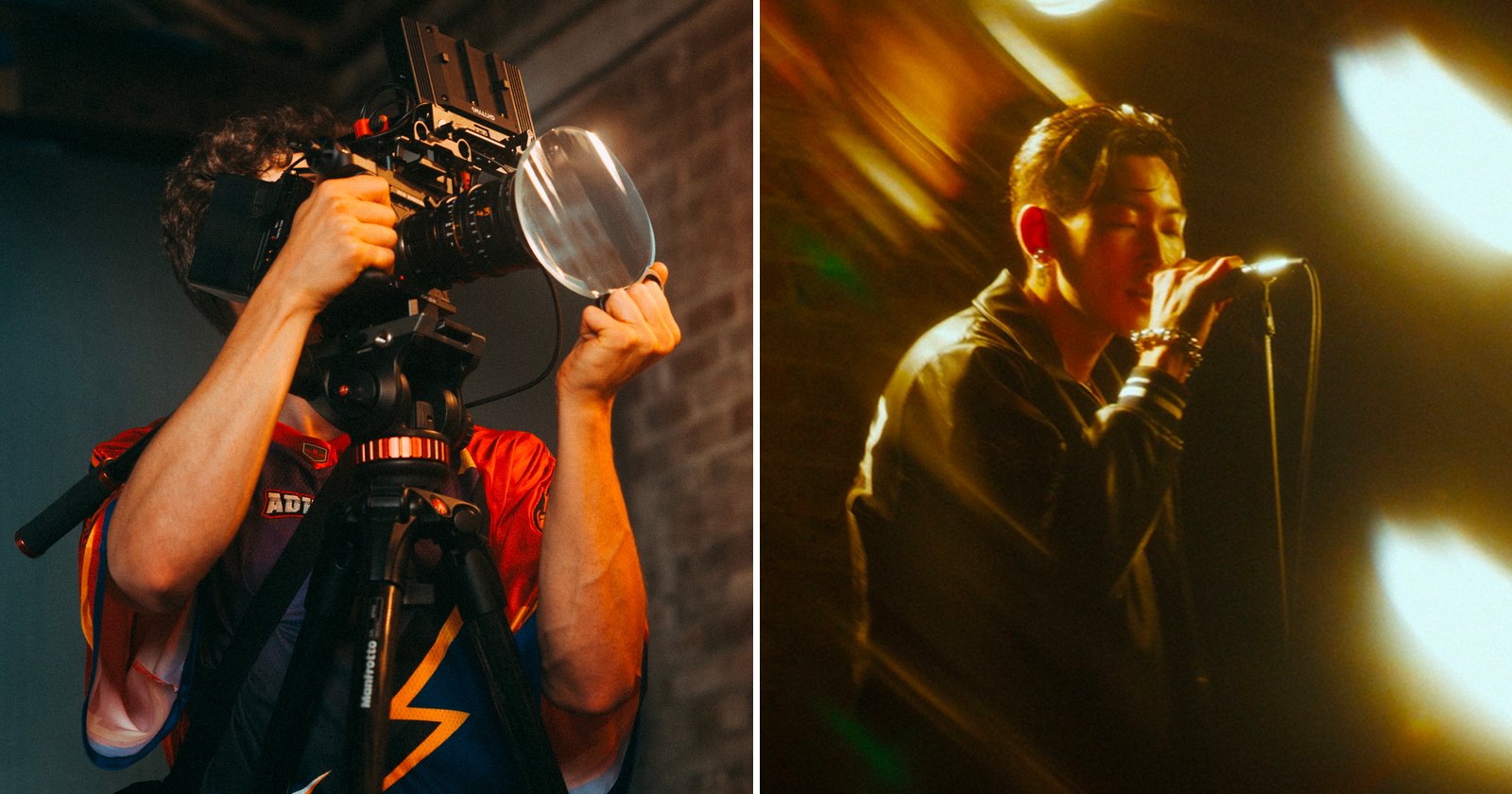 Split image: On the left, a person films with a large camera in a dim room; on the right, a person sings into a microphone under dramatic lighting.