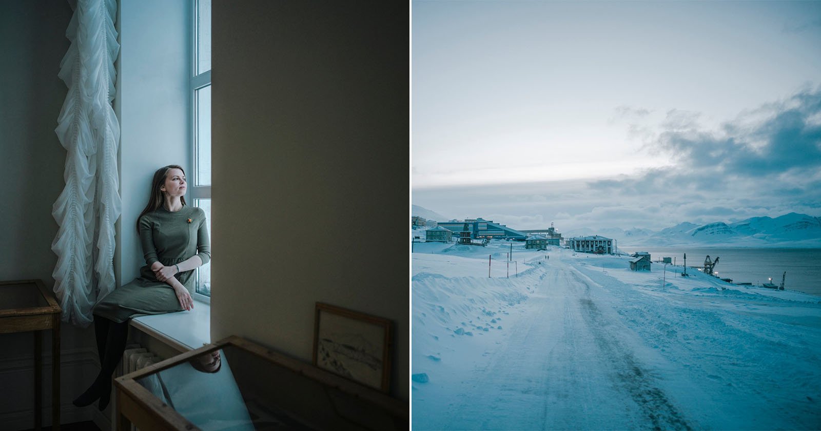 A woman in a green dress sits by a window, gazing outside thoughtfully. Next to her, an outdoor scene shows a snowy road leading to buildings by water, with mountains in the distance under a cloudy sky.