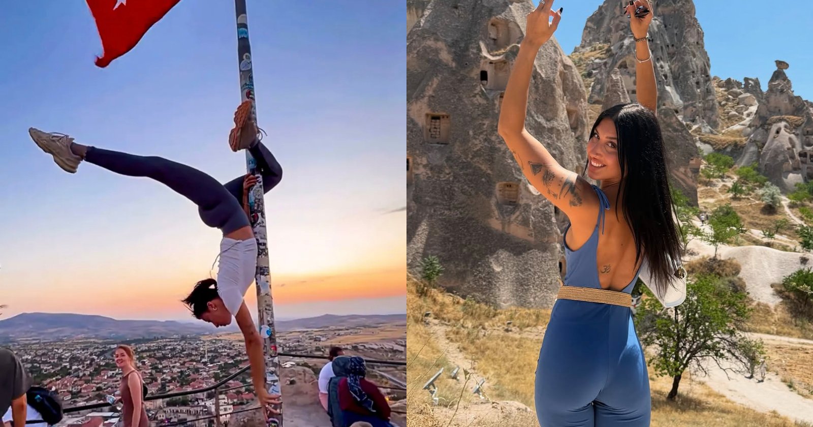 Split image: On the left, a person performs a pole handstand at sunset near a flag, overlooking a city. On the right, a woman in a blue outfit poses and smiles outdoors near rocky formations.