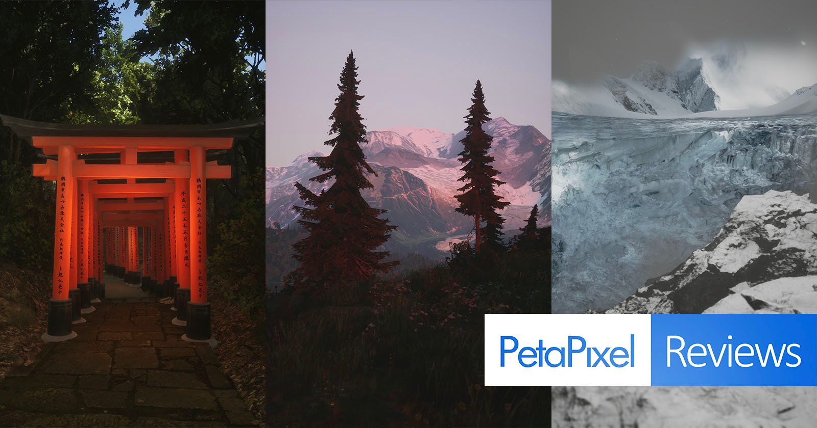 A triptych of images featuring a pathway with red torii gates, a mountain landscape at dusk with trees, and a snowy glacier. The PetaPixel Reviews logo is at the bottom right with blue and white text.