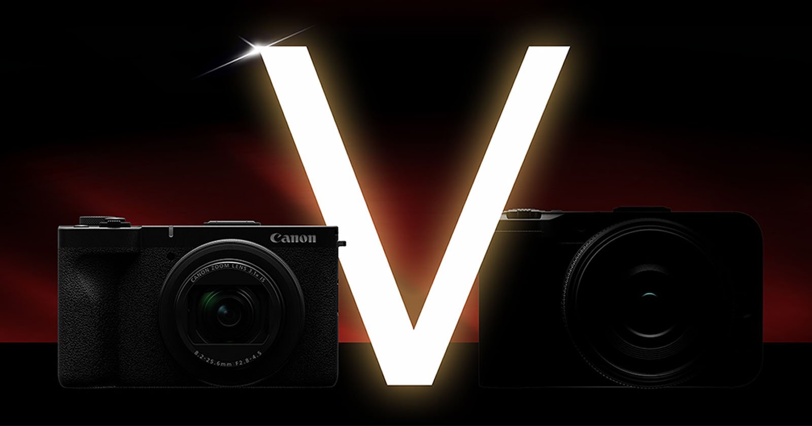 Two cameras are positioned in front of a large, glowing letter V on a dark background. The light creates a silhouette effect, highlighting the shape of the letter and partially illuminating the cameras.