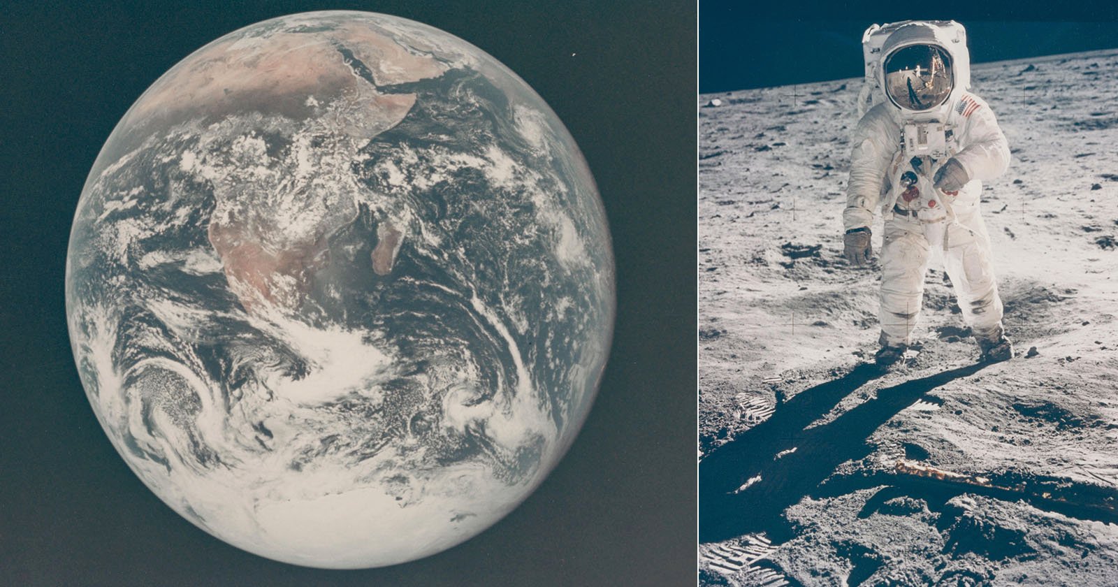 Split image: Left side shows Earth from space with visible land and cloud formations. Right side depicts an astronaut in a white spacesuit standing on the Moon's rocky surface, with the spacesuit's helmet reflecting light.