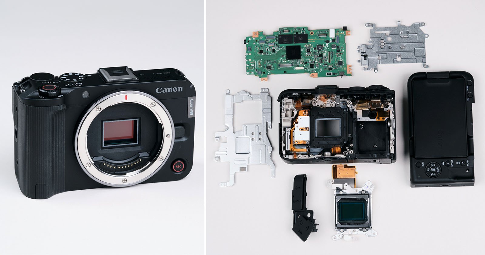 A Canon camera is shown on the left. On the right, the same camera is disassembled, displaying its internal components, circuit boards, and parts laid out neatly on a white surface.
