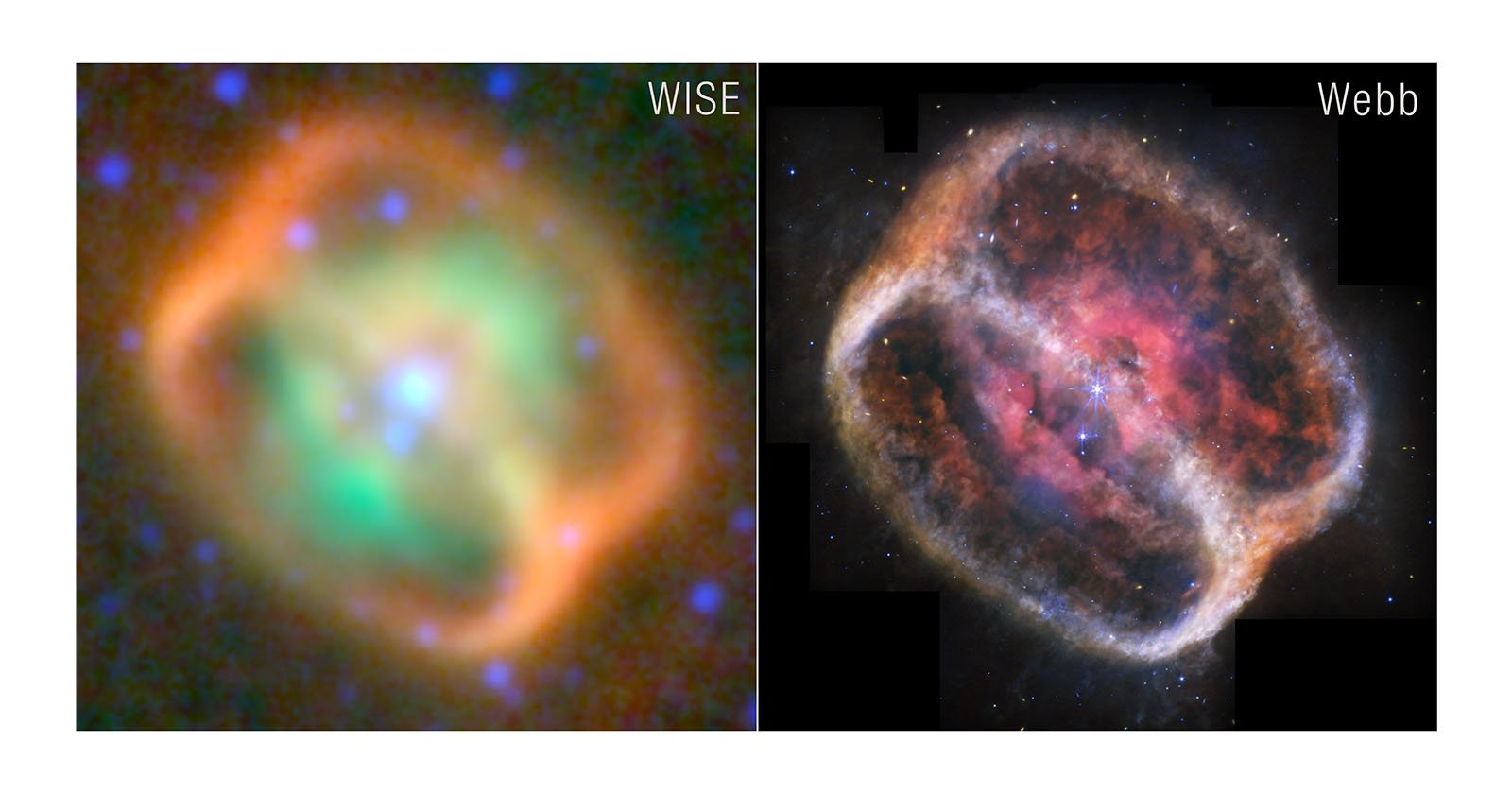 Side-by-side images of a nebula: left, a blurry green and orange view labeled WISE; right, a sharper, detailed red and pink view labeled Webb.