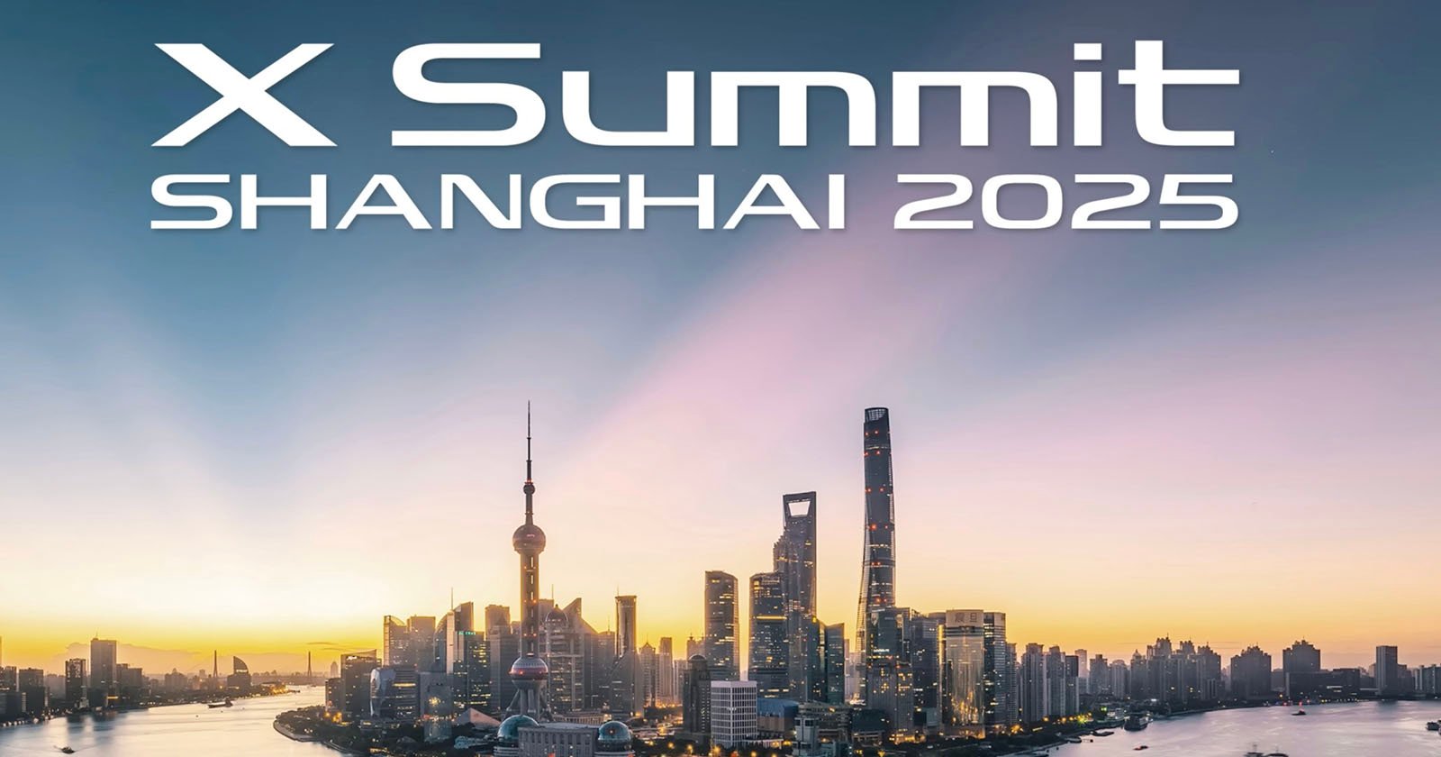 Skyline of Shanghai at sunrise with tall skyscrapers and the text 'X Summit Shanghai 2025' displayed above.