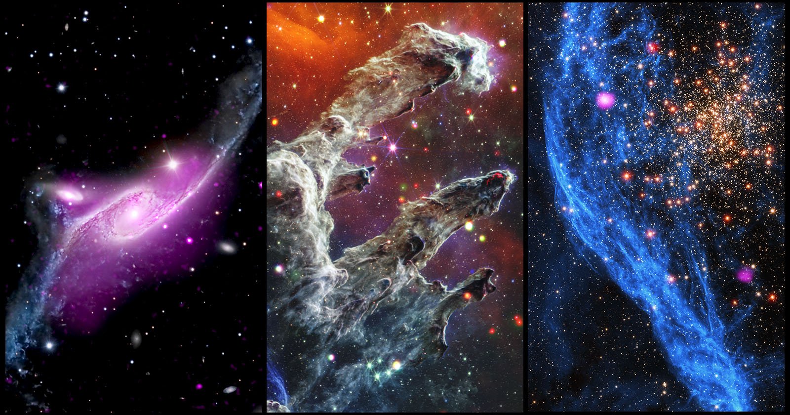 A composite image showcases three different views of deep space. The left panel features a purple and pink galaxy; the middle panel shows the Pillars of Creation, with dense, colorful clouds of gas and dust; the right panel displays a glittering star cluster amid blue nebulae.